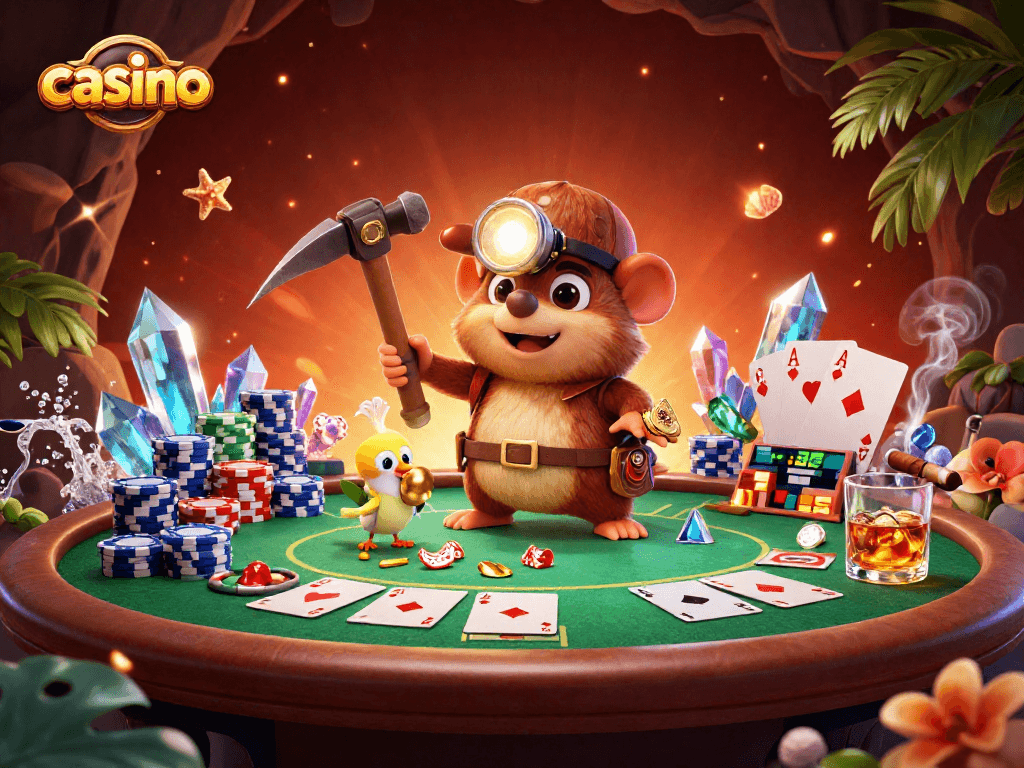 Casino-themed illustration showcasing a mole and canary in a vibrant gaming scene.