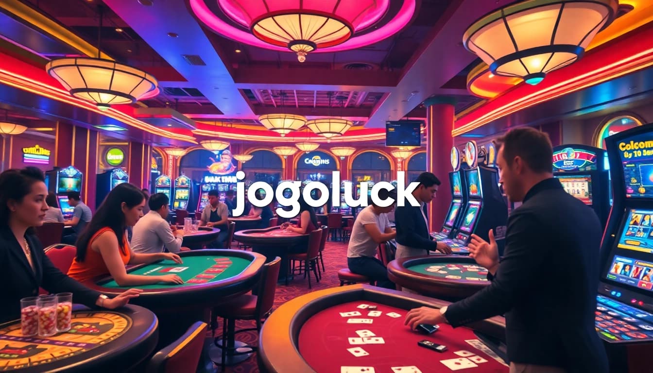 Players winning big at Jogoluck's vibrant casino, showcasing excitement and luxury.