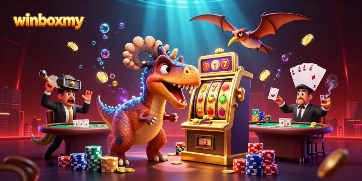 Experience winboxmy excitement as a dinosaur headbutts a slot machine, coins raining down in a vibrant casino scene.