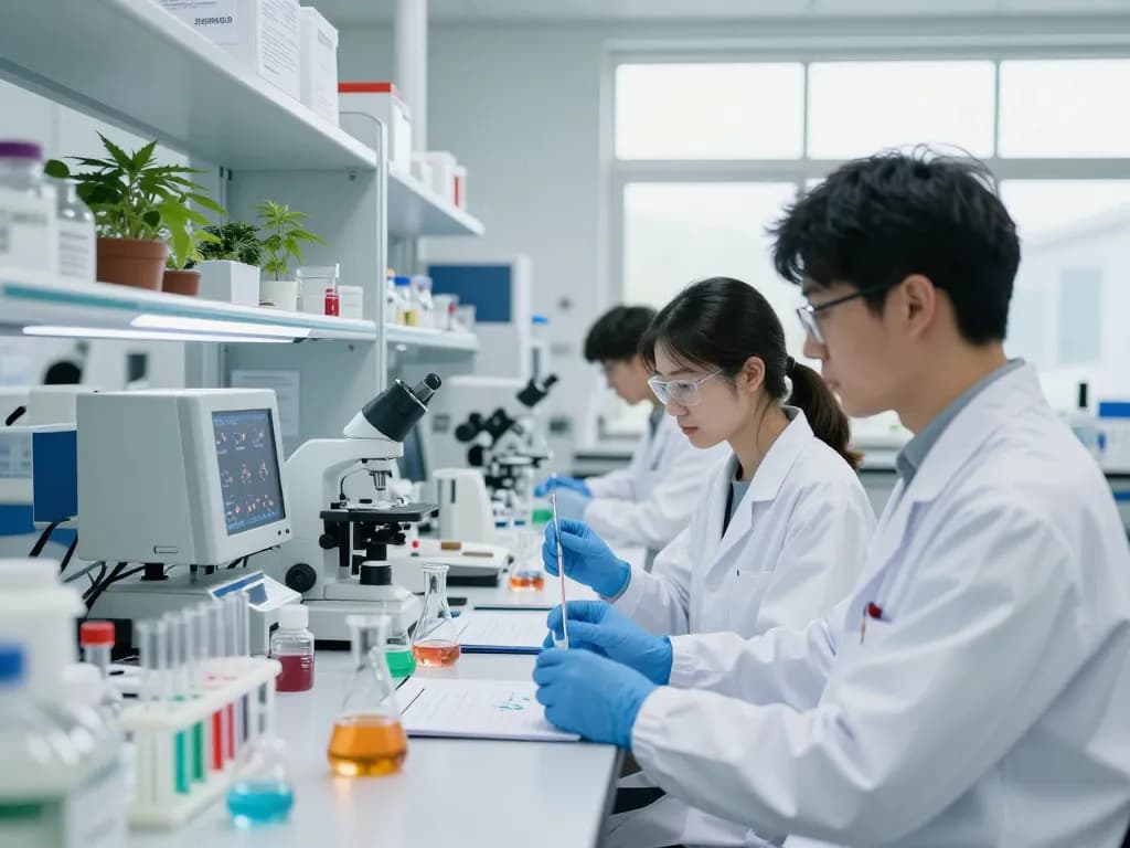 EU cannabinoid manufacturer researchers analyzing cannabinoid compounds in a modern lab.