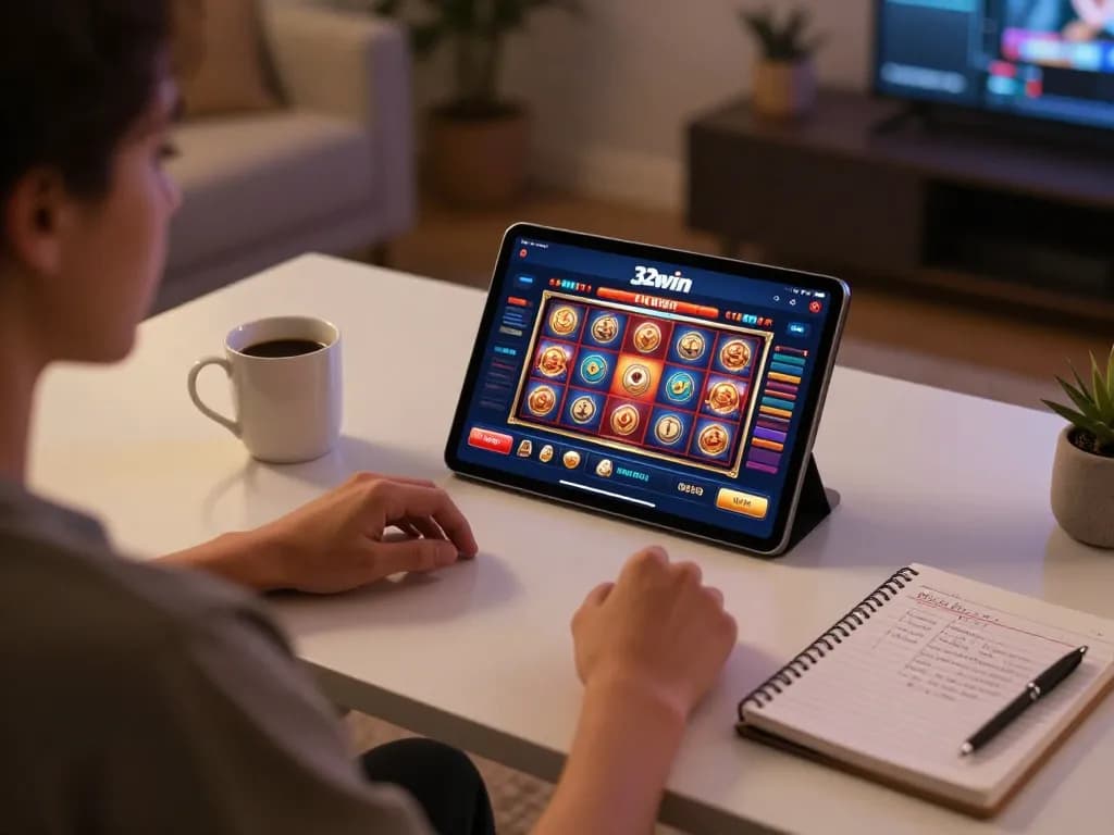 Player engaging with the 32win casino app, emphasizing strategic online gaming experience in a cozy environment.