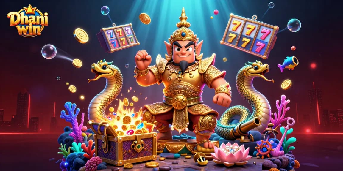 Dive into the Dhani win experience with an engaging 3D scene of characters and gaming elements from a vibrant online casino atmosphere.