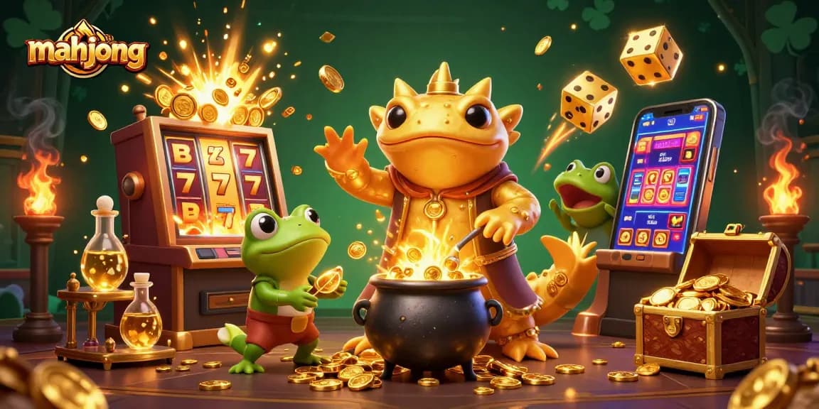Experience mahjong gameplay magic with a vibrant 3D casino scene filled with slots, gold coins, and lucky symbols.