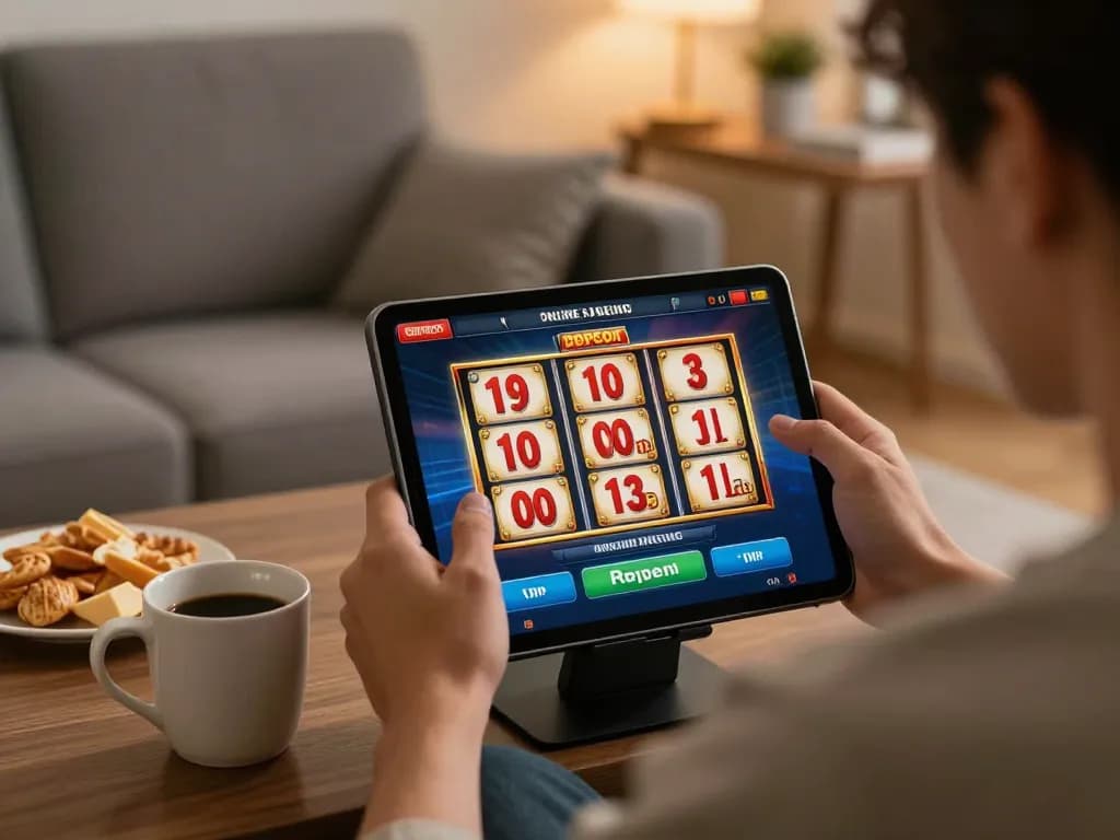Engaging in online gaming with slot deposit 10rb on tablet, cozy home setting emphasizes comfort and strategy