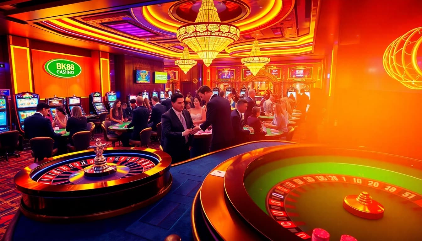 Experience the thrill of bk8thai ทางเข้า at a dazzling casino, featuring vibrant gaming tables and excited players.
