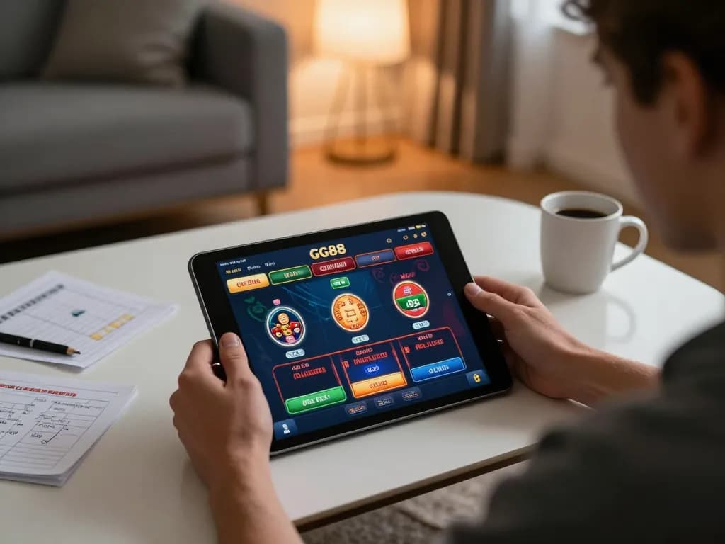 Player engaging with the GG88 casino app on a tablet, showcasing online gaming experience at home.