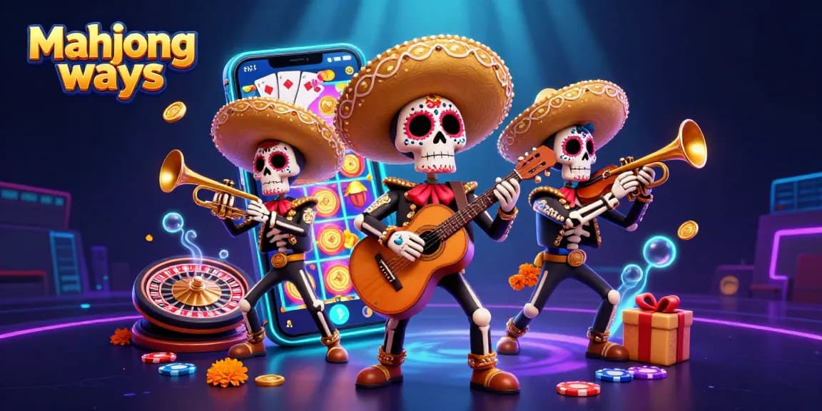 Experience mahjong ways with vibrant Day of the Dead mariachi band in a lively casino scene.