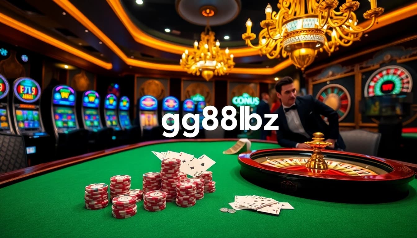 Experience thrilling gameplay at gg88bz's luxurious casino tables filled with vibrant poker chips and cards.