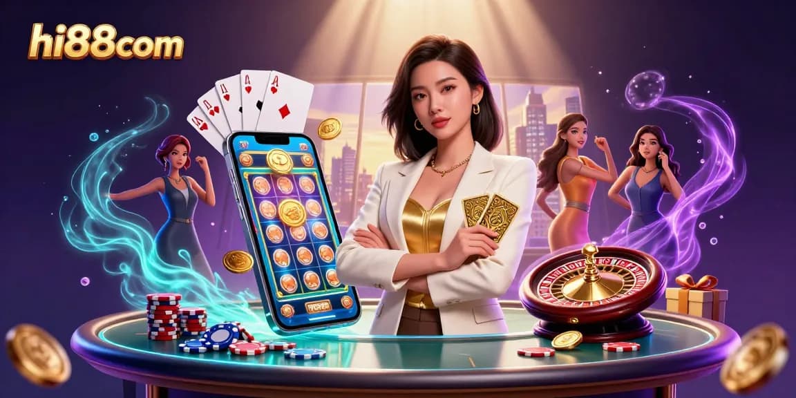 Play exciting games at hi88com with a glamorous character showcasing a golden deck of cards.
