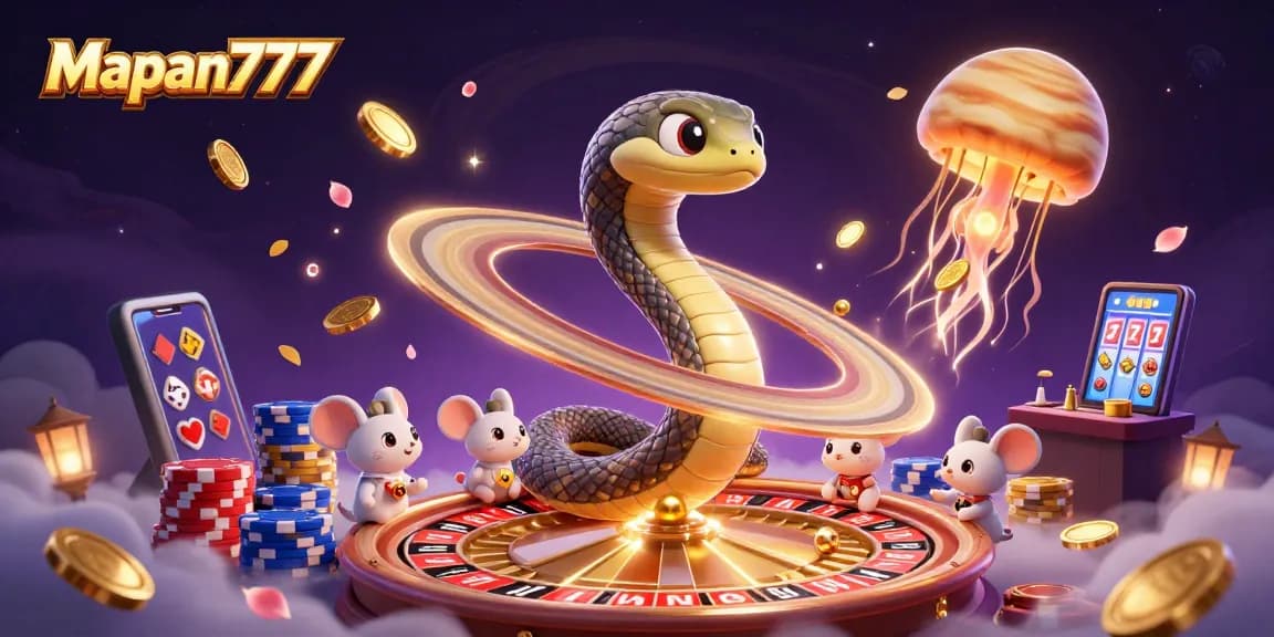 Mapan777 showcases a vibrant 3D casino scene with astronauts placing bets on a roulette wheel.