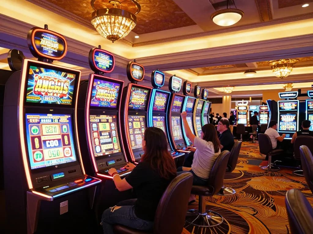 Players engage with vibrant slot machines during an exciting casino night.