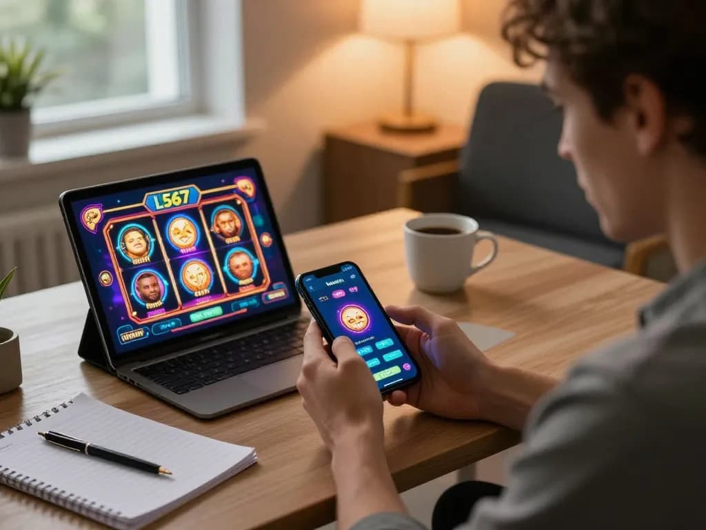 Player engaging with L567 casino app, showcasing smartphone and slot machine excitement