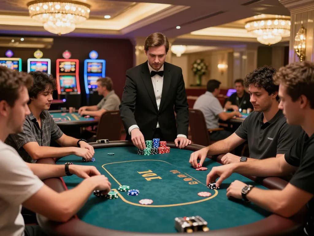 Players navigating the hidden wiki at a bustling casino poker table with chips and cards displayed