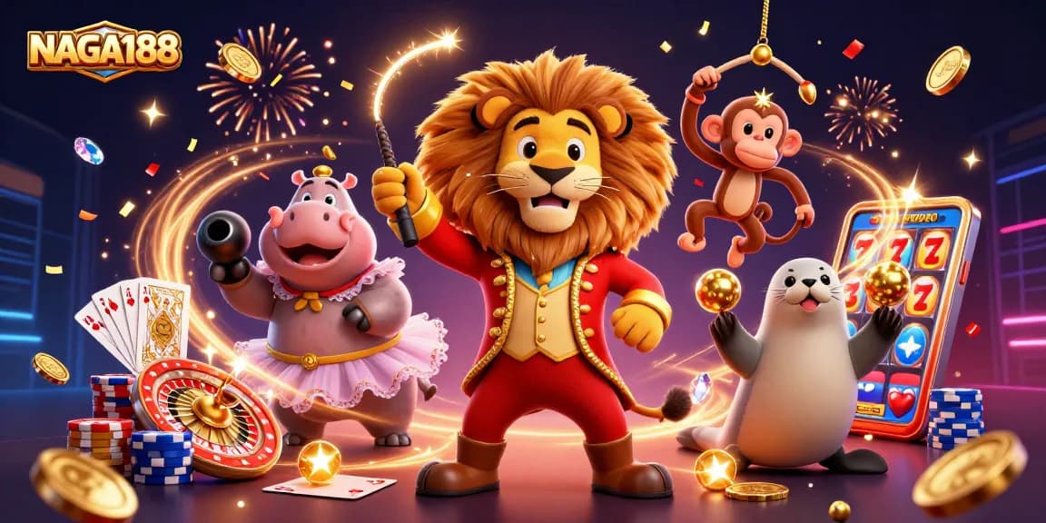 Gambarkan permainan slot di NAGA188 dengan karakter lucu dan koin berkilauan.