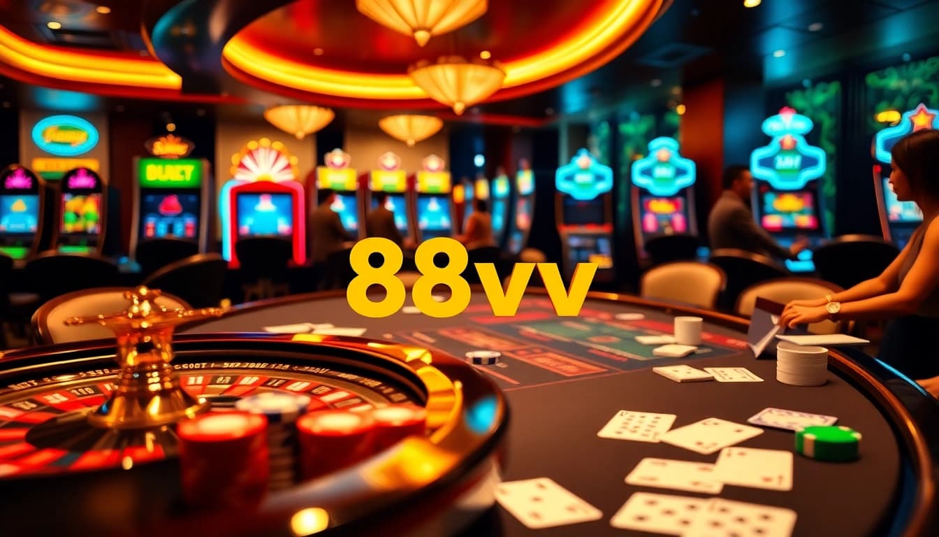 Experience engaging gameplay at 88vv with vibrant poker chips and roulette wheels.