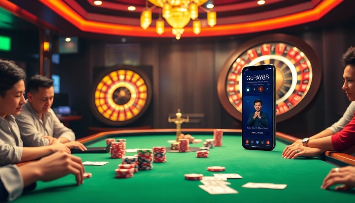 Players enjoying a thrilling poker game while using Gopay88, surrounded by vibrant casino elements.