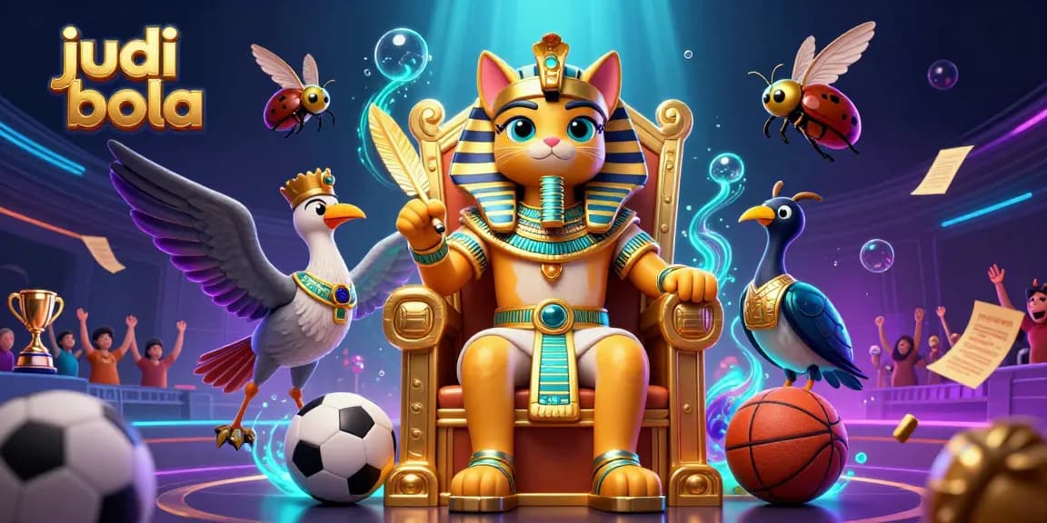 Engage in judi bola with animated Egyptian characters surrounded by dynamic sports betting elements.