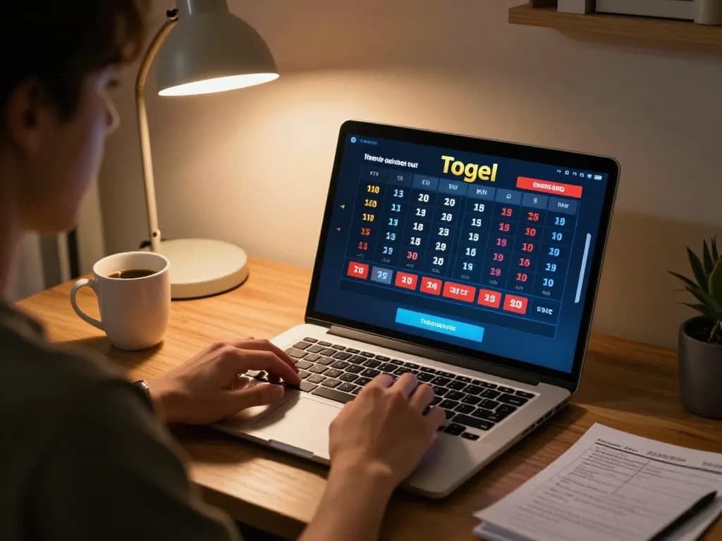 Player utilizing online gaming platform for Prediksi Jitu, enhancing togel strategies in cozy workspace.