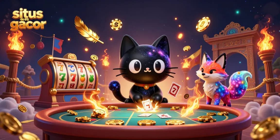 Engage with situs slot gacor in a cosmic casino scene featuring a black hole cat and nebula fox.