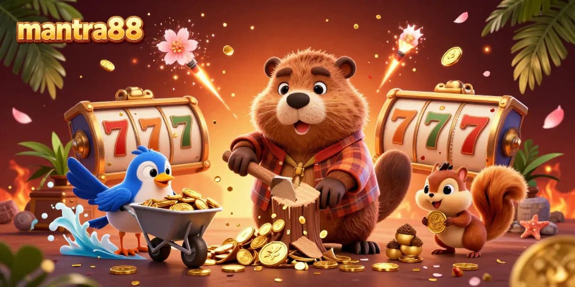 Experience thrilling big wins with mantra88's exciting 3D illustration of a beaver collecting golden coins amidst vibrant slot game elements.