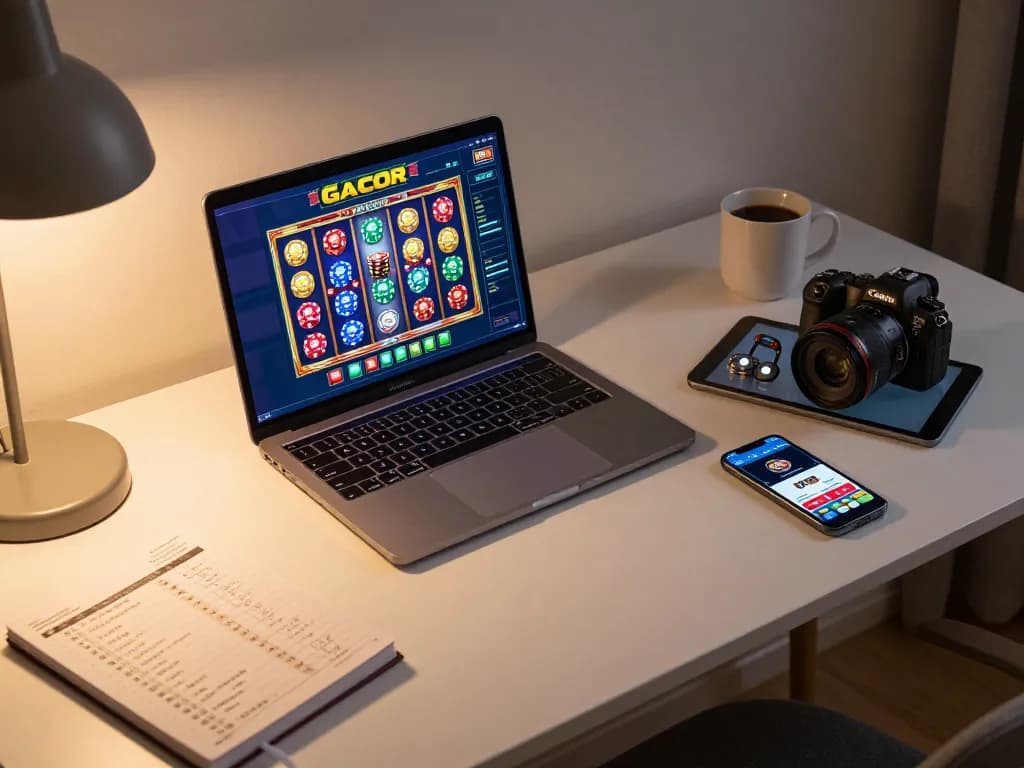 Play engaging slot gacor games on multiple devices in a stylish home gaming setup featuring vibrant visuals