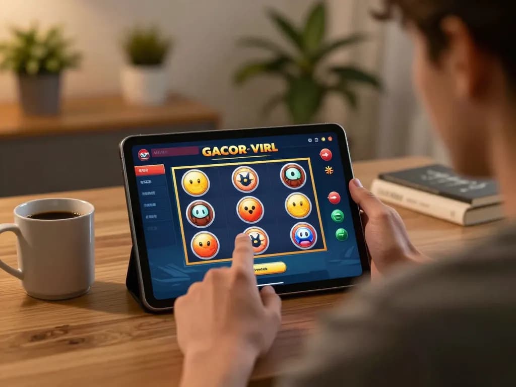 Player navigating slot gacor viral games on tablet, emphasizing engaging online gaming experience.