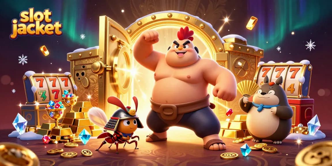 Enter the vibrant world of slot jackpots with a dynamic scene featuring a sumo wrestler rooster and a samurai cricket.