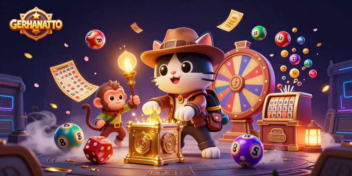 Menang di GERHANATOTO dengan kartu bingo dan bola lotere berwarna-warni dalam suasana penuh petualangan.