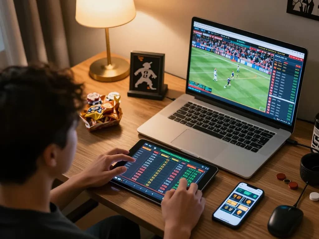 Engaged bettor strategizing bets on betbet’s online platform in a cozy home office.