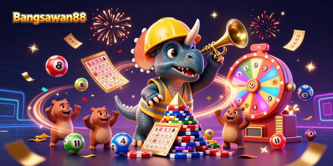 Experience the excitement of Bangsawan88 with vibrant lottery elements and cheering characters celebrating wins!