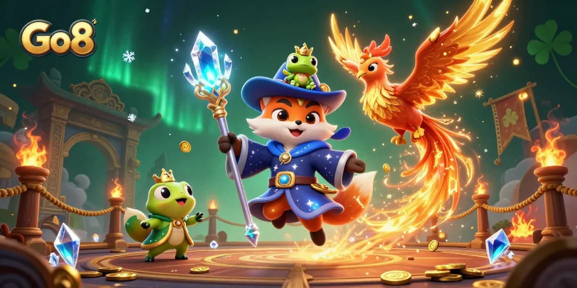 Experience the thrilling gameplay at Go8 with a magical scene featuring a wizard fox and phoenix, enhanced with golden coins and vibrant elements.