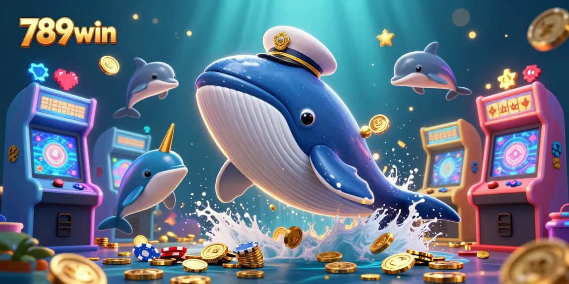 Engage with 789win's vibrant 3D gaming illustration showcasing a whale, narwhal, and dolphins amidst casino elements.
