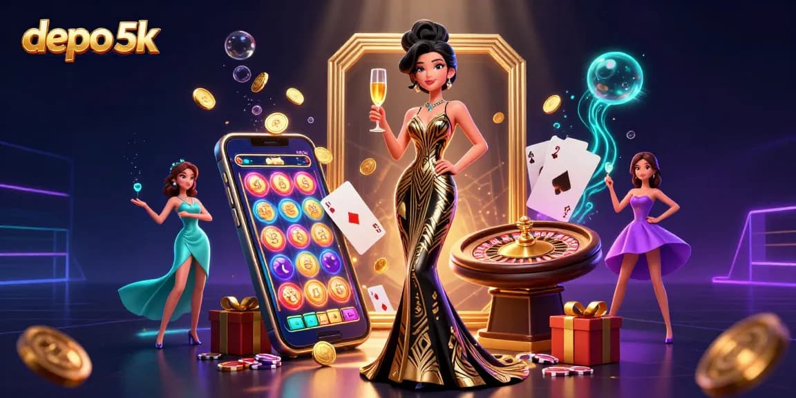 Win at depo 5k with a glamorous casino scene featuring slot games, roulette, and vibrant characters.