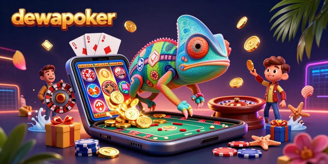 Dewapoker chameleon casino owner captures golden coins while vibrant casino elements surround it, symbolizing winning excitement.