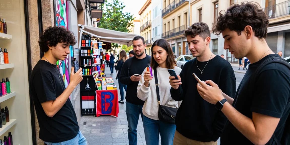 Vibrant street scene showcasing vapes in Spain, with young adults enjoying diverse vape products in an urban setting.