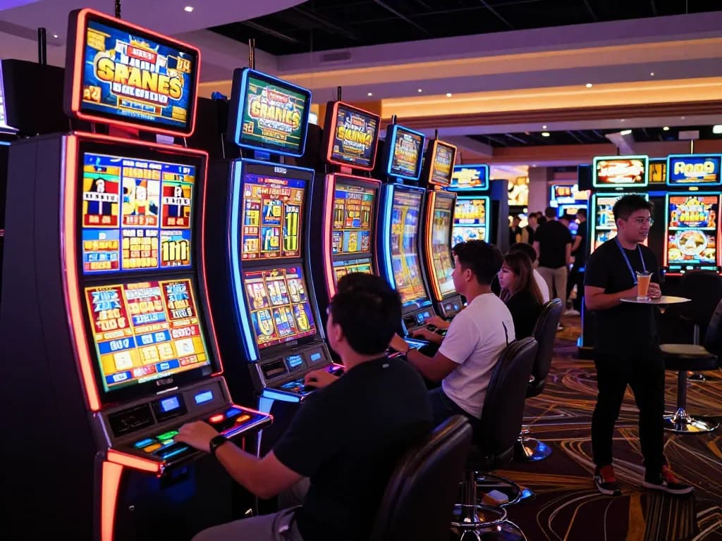 Players celebrating a win with slot bonus 100 at a vibrant Las Vegas casino.