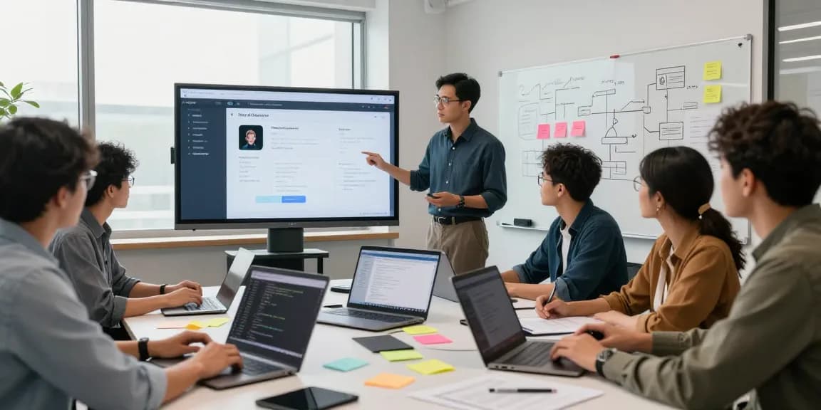 Diverse professionals discussing the features of a free ai detector in a modern workspace.