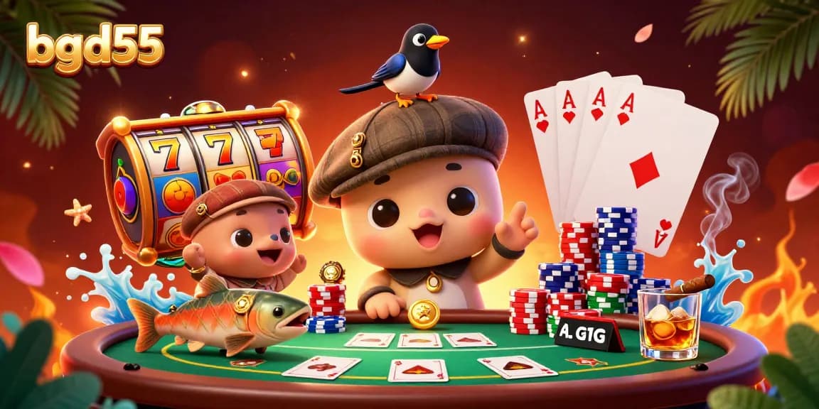 Spin the reels with bgd55, featuring animated casino characters and vibrant poker elements.