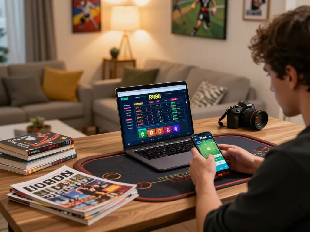 Player engaging with RR88 sports betting app on smartphone in a cozy home study.
