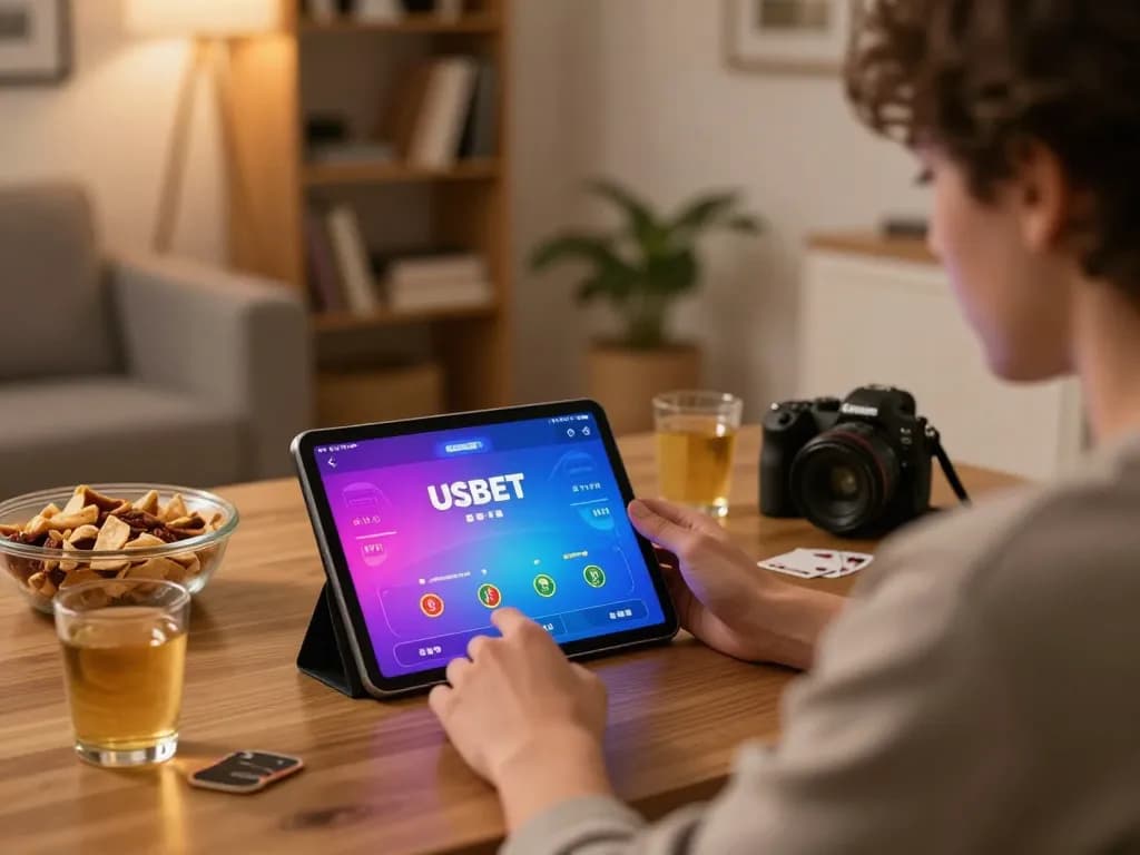 Playing poker on USBET app in a cozy home setting with snacks and ambient lighting.