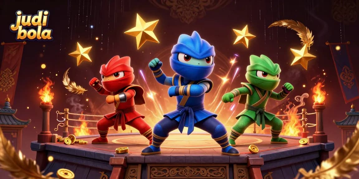 Experience thrilling judi bola action with animated chameleon ninjas in a vibrant, detailed 3D scene.
