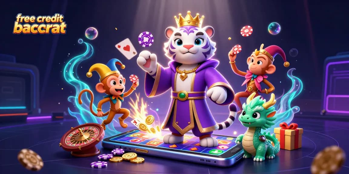 Experience free credit baccarat with vibrant characters, casino elements, and action-packed gaming.