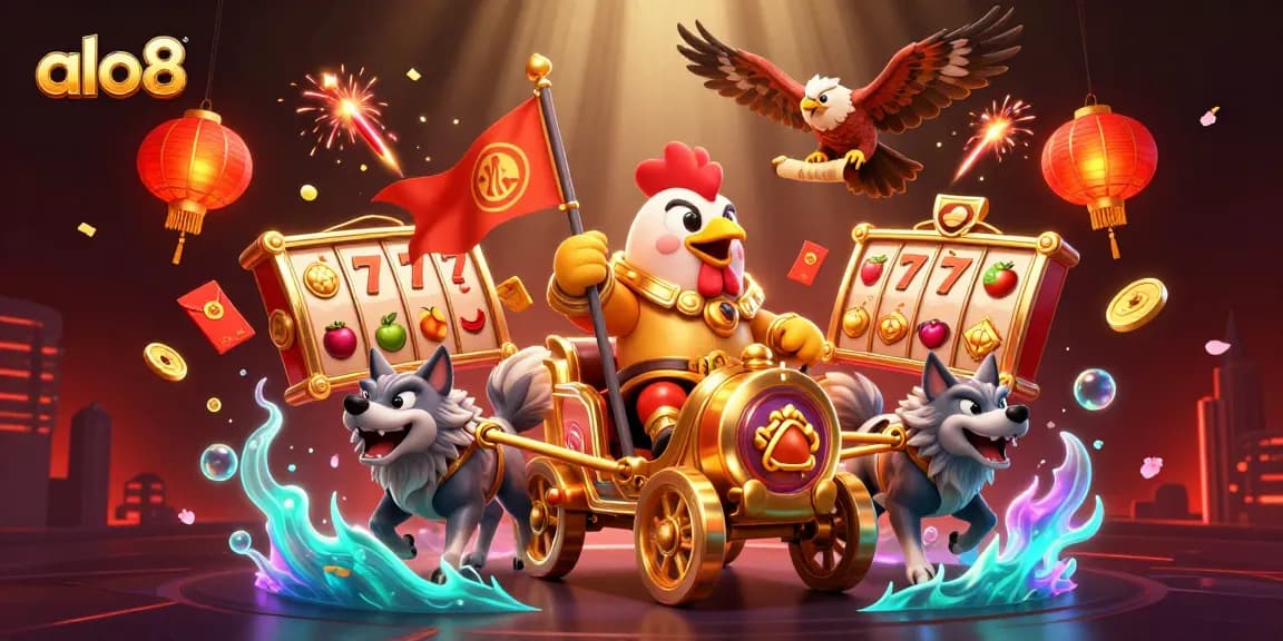 Alo8 gamblers enjoying an epic adventure with cartoon rooster warlord in a dynamic casino scene filled with vibrant elements and swirling gold.
