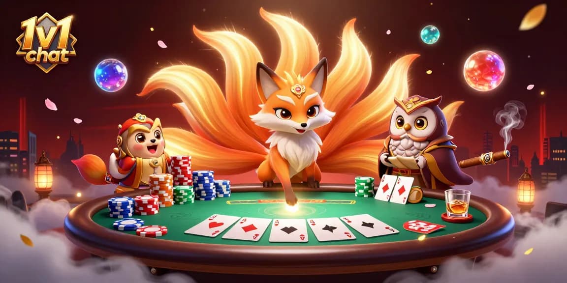 Engage in 1v1 chat as a vibrant nine-tailed fox and owl guide in a lively poker game setting.