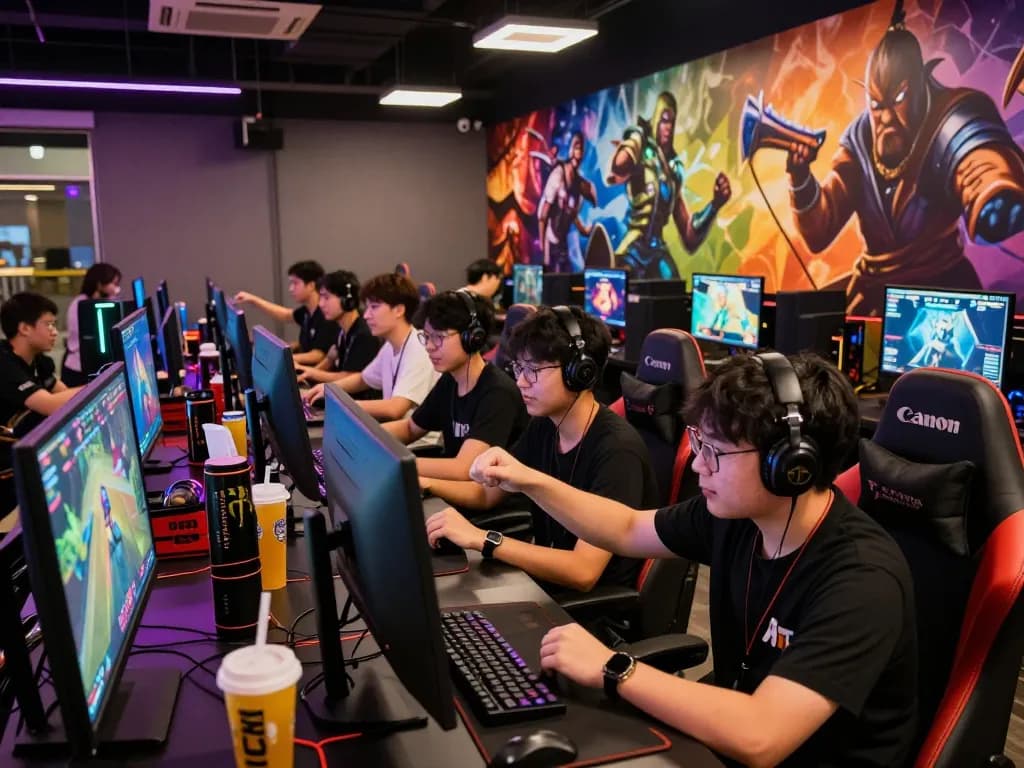 Dynamic esports betting Singapore scene with gamers strategizing amidst colorful gaming setups and live match screens.