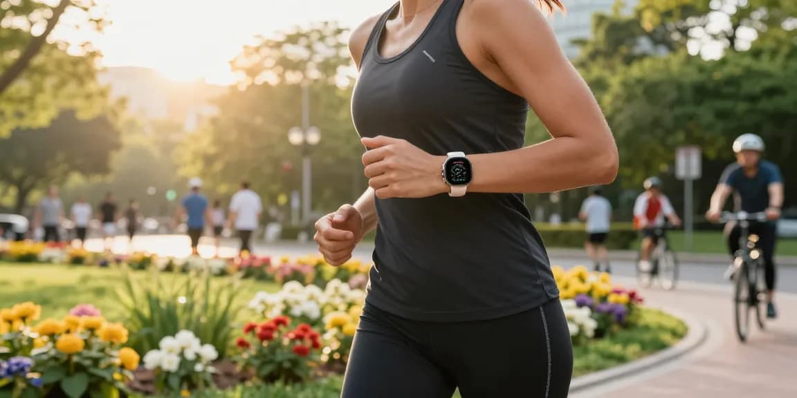 Fitbit Luxe smartwatch yang stylish dalam aktivitas jogging di taman perkotaan, menonjolkan desain dan fitur kebugaran di https://www.polarfitbitshop.com/fitbit-luxe/.