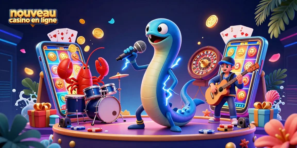 Aperçu du nouveau casino en ligne avec un serpent électrique DJ et une performance sous-marine captivante.
