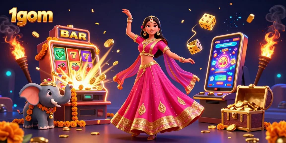 Win big with 1gom as a stunning Asian woman dances beside vibrant casino elements.