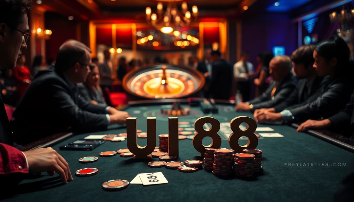 UU88 casino night with players at a poker table, chips, and a roulette wheel.