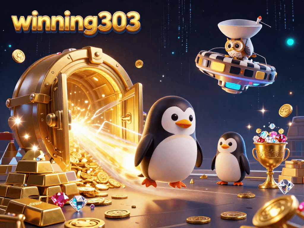 Winning303 showcases a dynamic penguin spacecraft in a vibrant casino galaxy, emphasizing excitement and treasures.